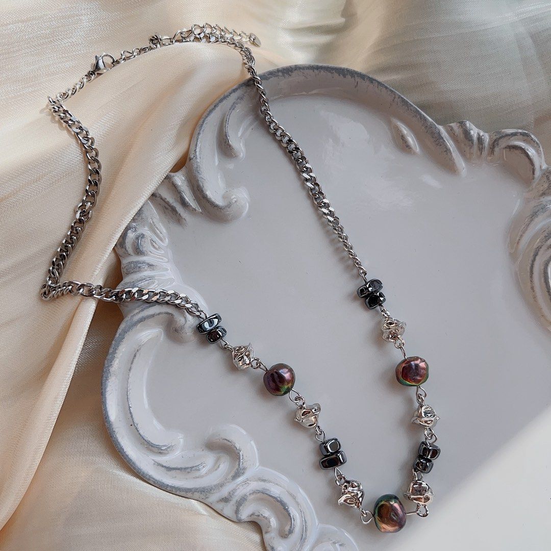 #PN581 [Clearance Sale] Genuine Freshwater Pearl Necklace |Cool Silver Colour Chain & Metallic Baroque Pearls | Triangle Black Blocks