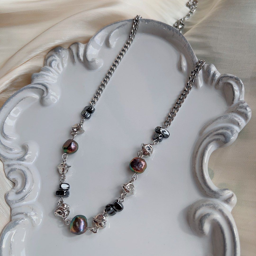 #PN581 [Clearance Sale] Genuine Freshwater Pearl Necklace |Cool Silver Colour Chain & Metallic Baroque Pearls | Triangle Black Blocks