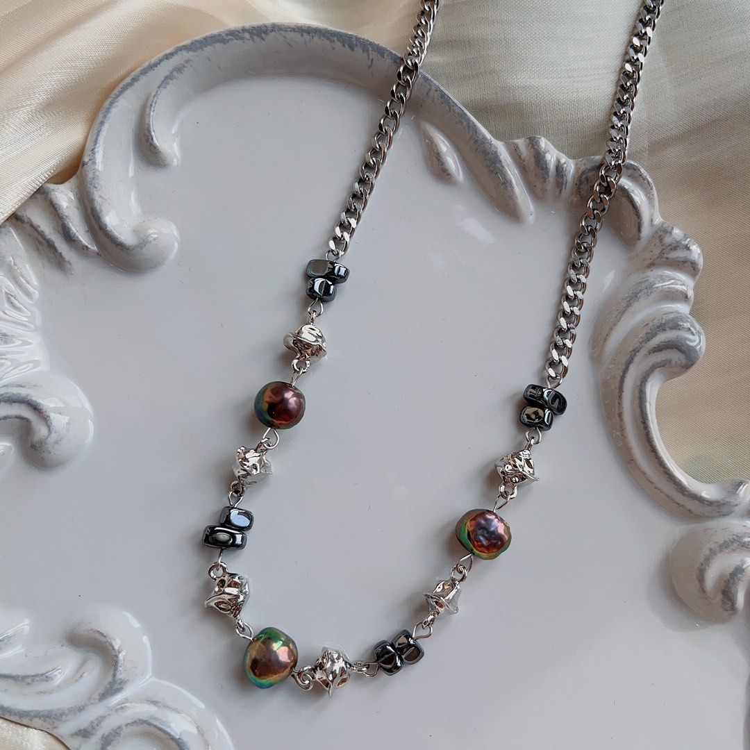 #PN581 [Clearance Sale] Genuine Freshwater Pearl Necklace |Cool Silver Colour Chain & Metallic Baroque Pearls | Triangle Black Blocks