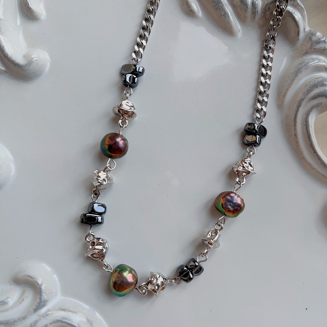 #PN581 [Clearance Sale] Genuine Freshwater Pearl Necklace |Cool Silver Colour Chain & Metallic Baroque Pearls | Triangle Black Blocks