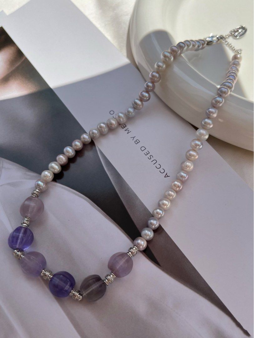 #PN474 Cold Ice|Freshwater Pearl Necklace |Cool Silver-grey Lustre|Fluorite