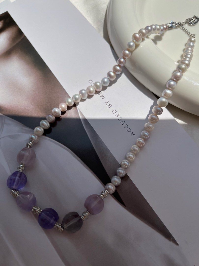 #PN474 Cold Ice|Freshwater Pearl Necklace |Cool Silver-grey Lustre|Fluorite