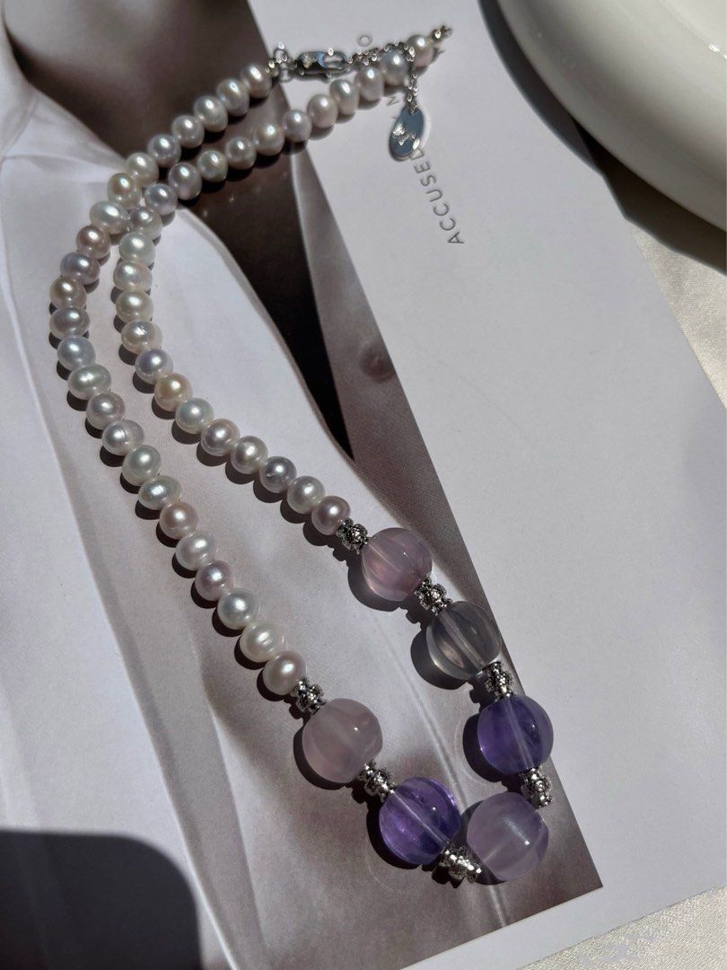 #PN474 Cold Ice|Freshwater Pearl Necklace |Cool Silver-grey Lustre|Fluorite