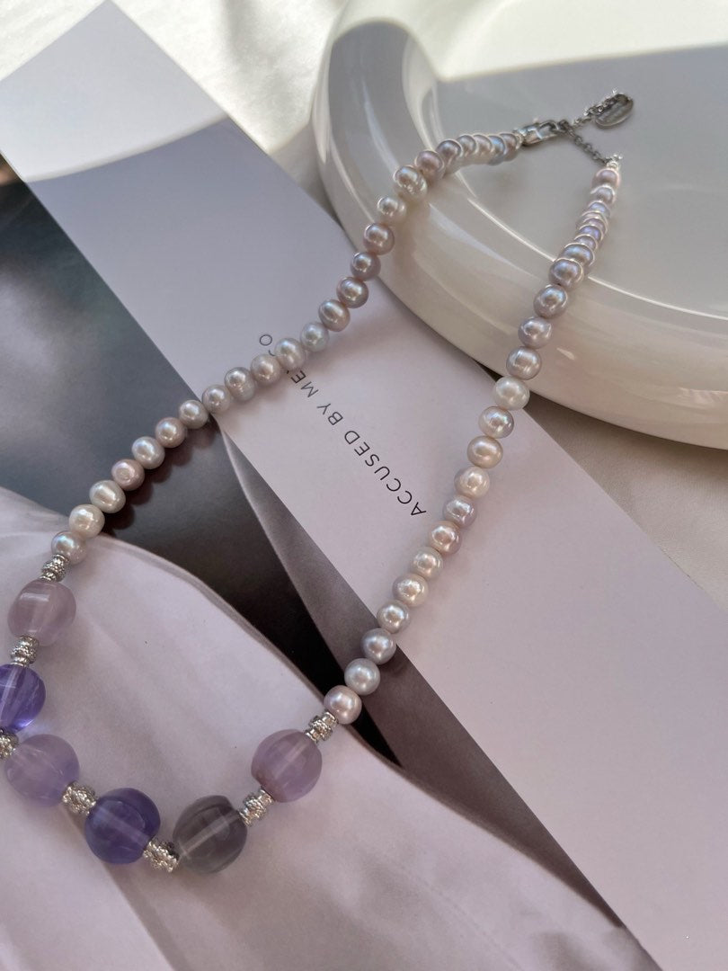 #PN474 Cold Ice|Freshwater Pearl Necklace |Cool Silver-grey Lustre|Fluorite