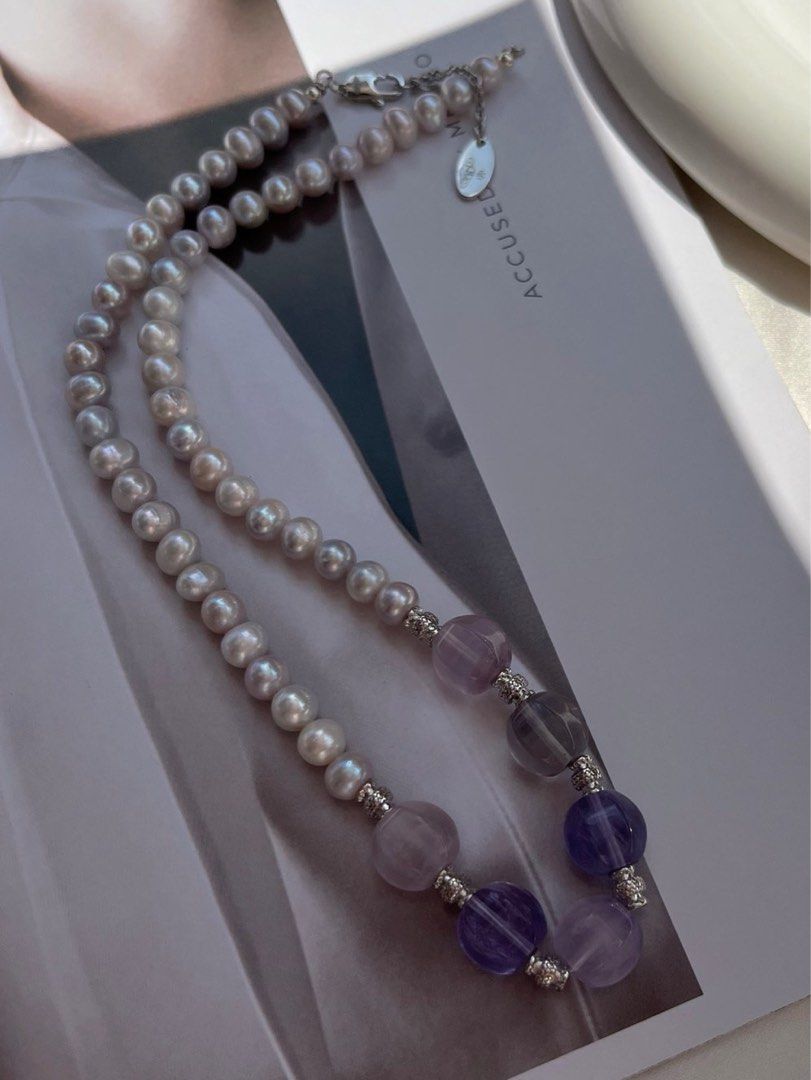 #PN474 Cold Ice|Freshwater Pearl Necklace |Cool Silver-grey Lustre|Fluorite