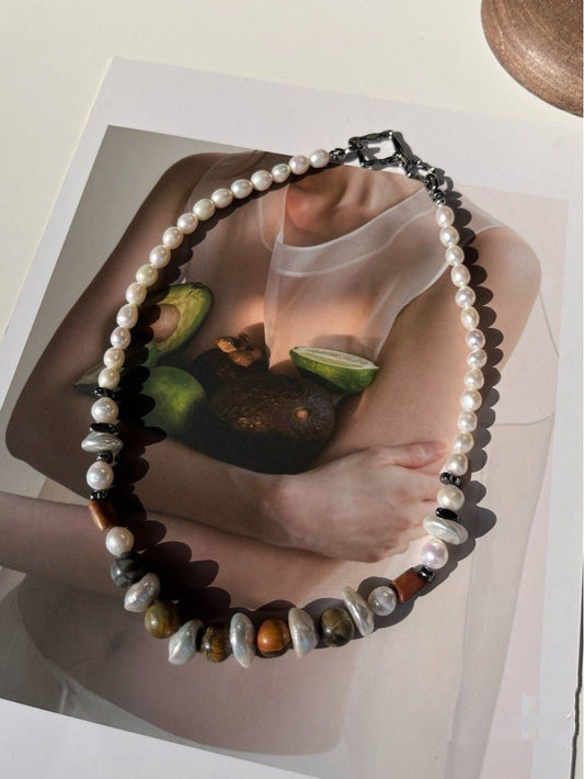 #PN482 Cool & Calm| Freshwater Pearl Necklace | Sandalwood | Coin Pearl | Lustrous | Irregular Baroque Pearl