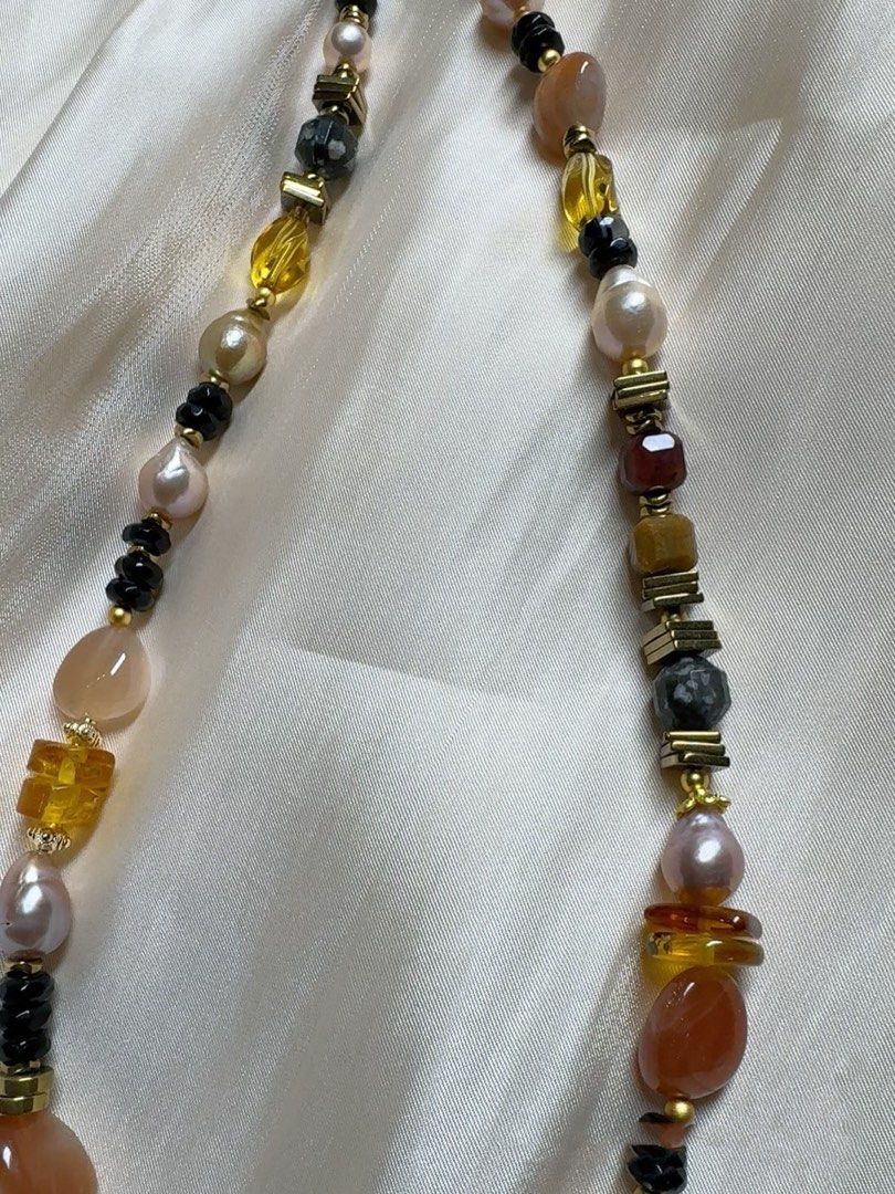 #PN553 Dark Pink|Freshwater Pearl Necklace |Sun Stone|Baroque Pearl |Natural Stones|Amber|Beeswax