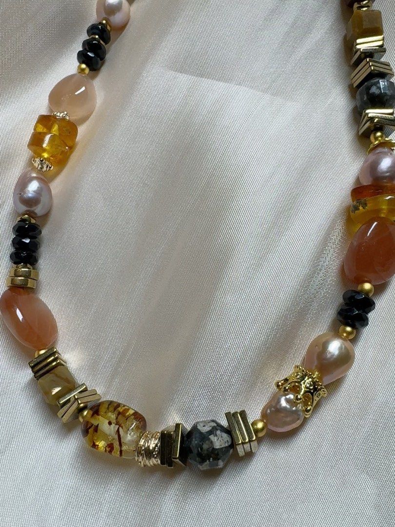 #PN553 Dark Pink|Freshwater Pearl Necklace |Sun Stone|Baroque Pearl |Natural Stones|Amber|Beeswax