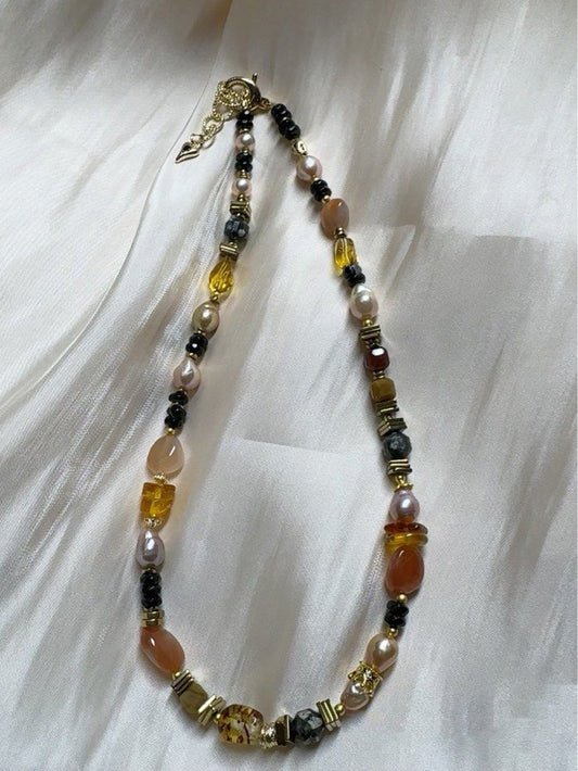 #PN553 Dark Pink|Freshwater Pearl Necklace |Sun Stone|Baroque Pearl |Natural Stones|Amber|Beeswax