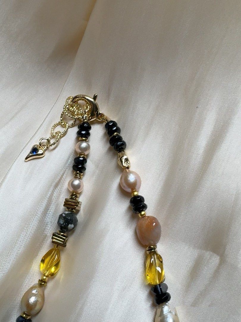 #PN553 Dark Pink|Freshwater Pearl Necklace |Sun Stone|Baroque Pearl |Natural Stones|Amber|Beeswax