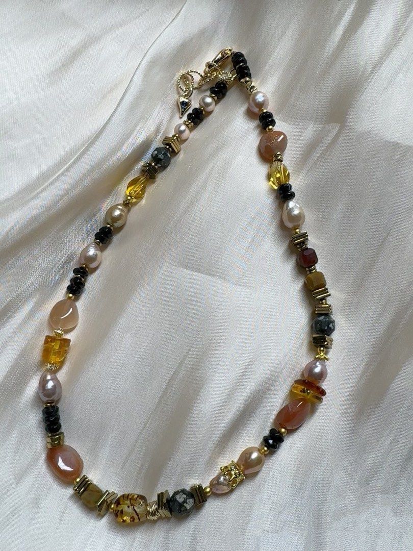 #PN553 Dark Pink|Freshwater Pearl Necklace |Sun Stone|Baroque Pearl |Natural Stones|Amber|Beeswax