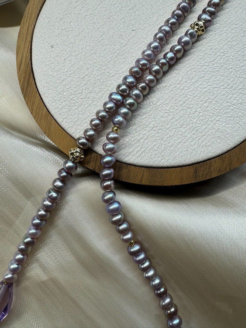 #PN452 Dopamine Palette|Freshwater Pearl Necklace |Grey Agate|Strawberry Quartz |Purple, Yellow Quartz |Baby Purple Baroque Pearl