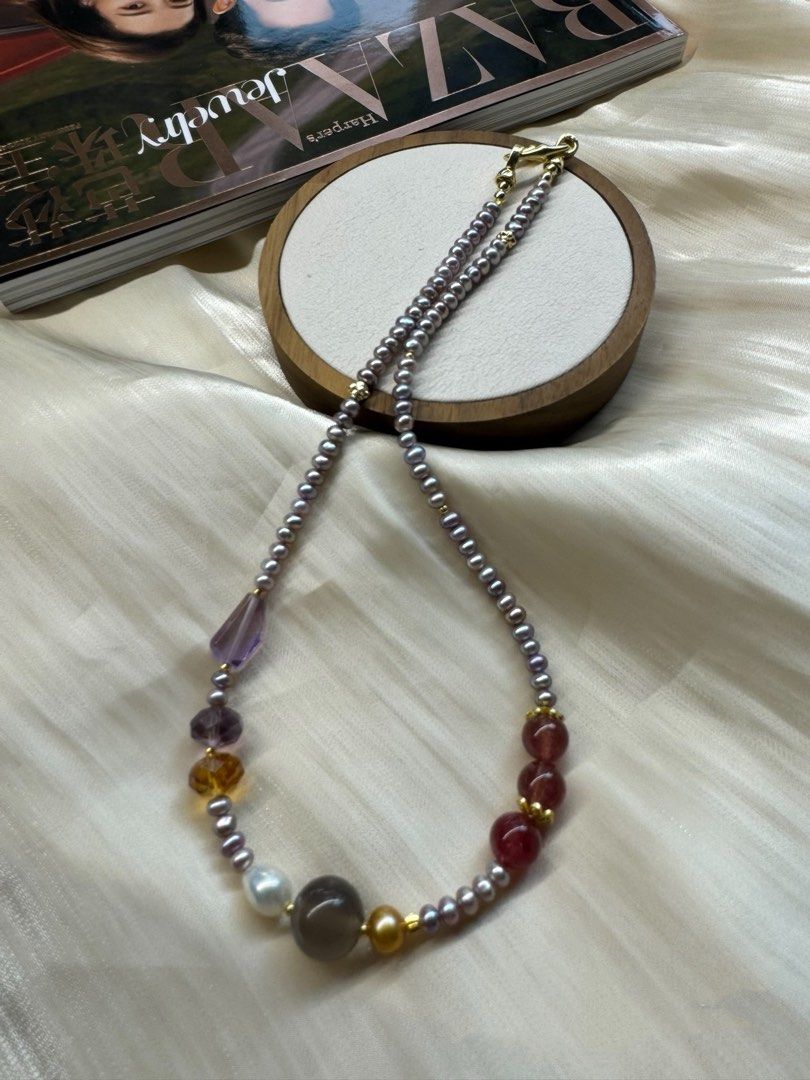 #PN452 Dopamine Palette|Freshwater Pearl Necklace |Grey Agate|Strawberry Quartz |Purple, Yellow Quartz |Baby Purple Baroque Pearl