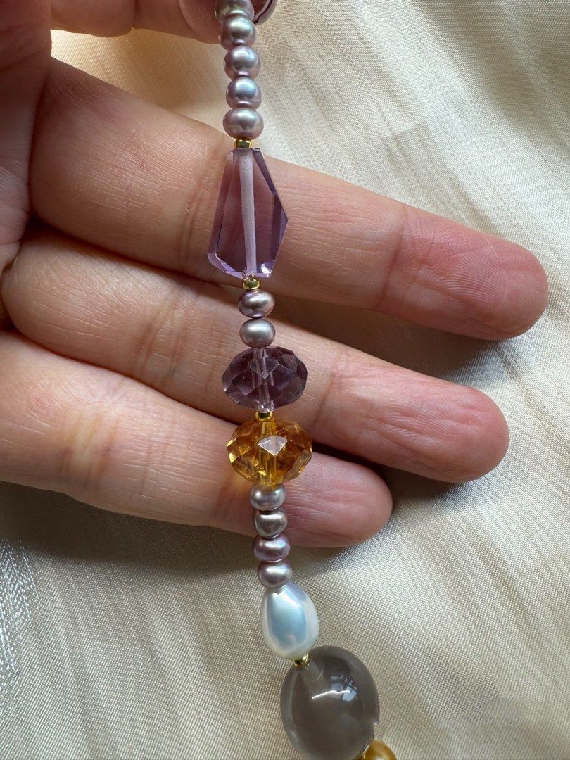 #PN452 Dopamine Palette|Freshwater Pearl Necklace |Grey Agate|Strawberry Quartz |Purple, Yellow Quartz |Baby Purple Baroque Pearl