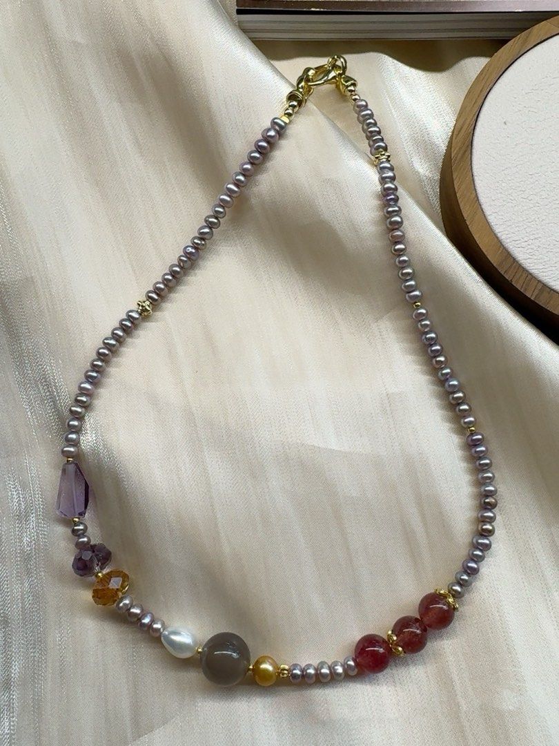 #PN452 Dopamine Palette|Freshwater Pearl Necklace |Grey Agate|Strawberry Quartz |Purple, Yellow Quartz |Baby Purple Baroque Pearl