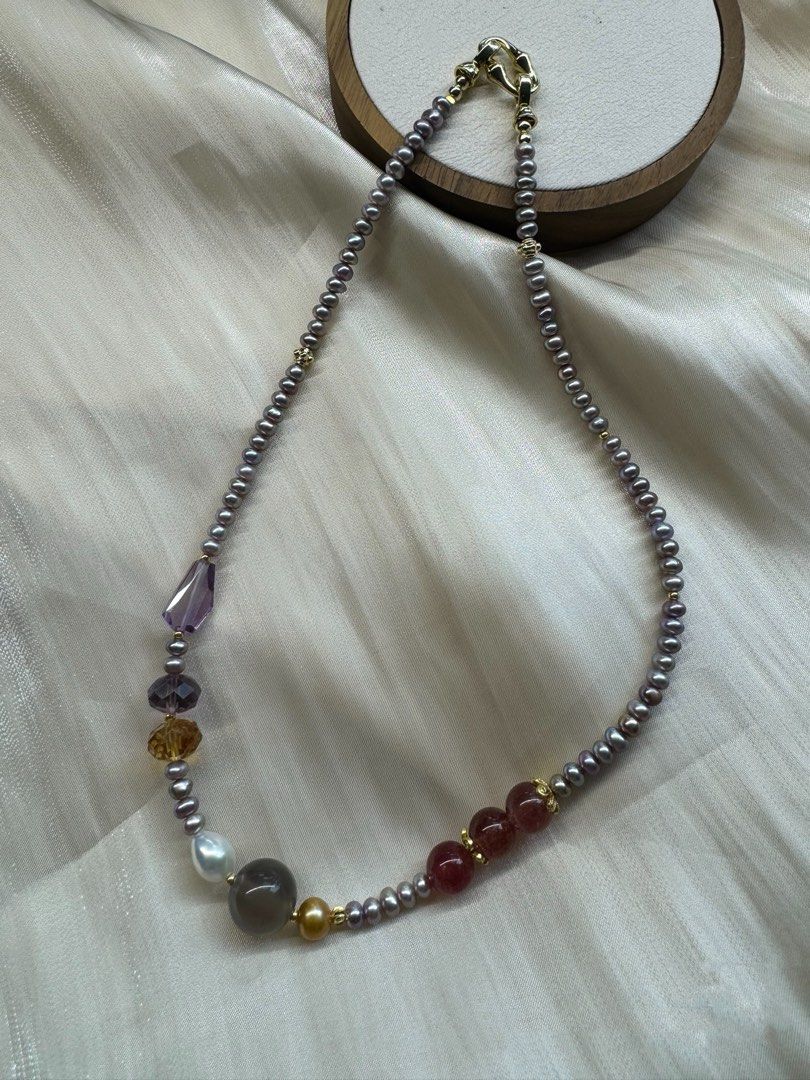 #PN452 Dopamine Palette|Freshwater Pearl Necklace |Grey Agate|Strawberry Quartz |Purple, Yellow Quartz |Baby Purple Baroque Pearl