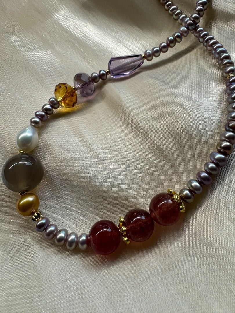 #PN452 Dopamine Palette|Freshwater Pearl Necklace |Grey Agate|Strawberry Quartz |Purple, Yellow Quartz |Baby Purple Baroque Pearl