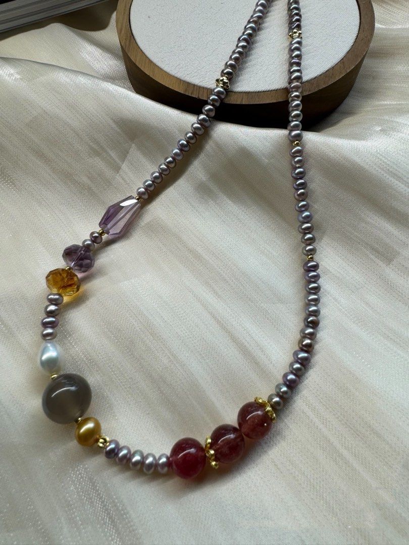 #PN452 Dopamine Palette|Freshwater Pearl Necklace |Grey Agate|Strawberry Quartz |Purple, Yellow Quartz |Baby Purple Baroque Pearl