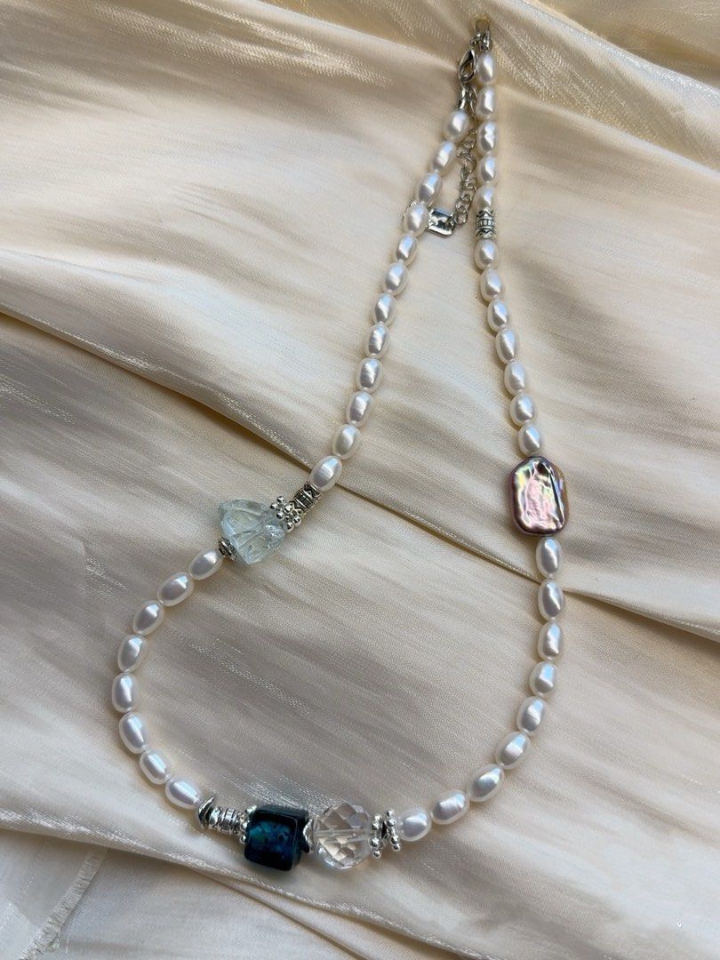 #PN446 White Purity |Freshwater Pearl Necklace |White Quartz |Opal Stone|Purple Square Pearl |Cool Silver