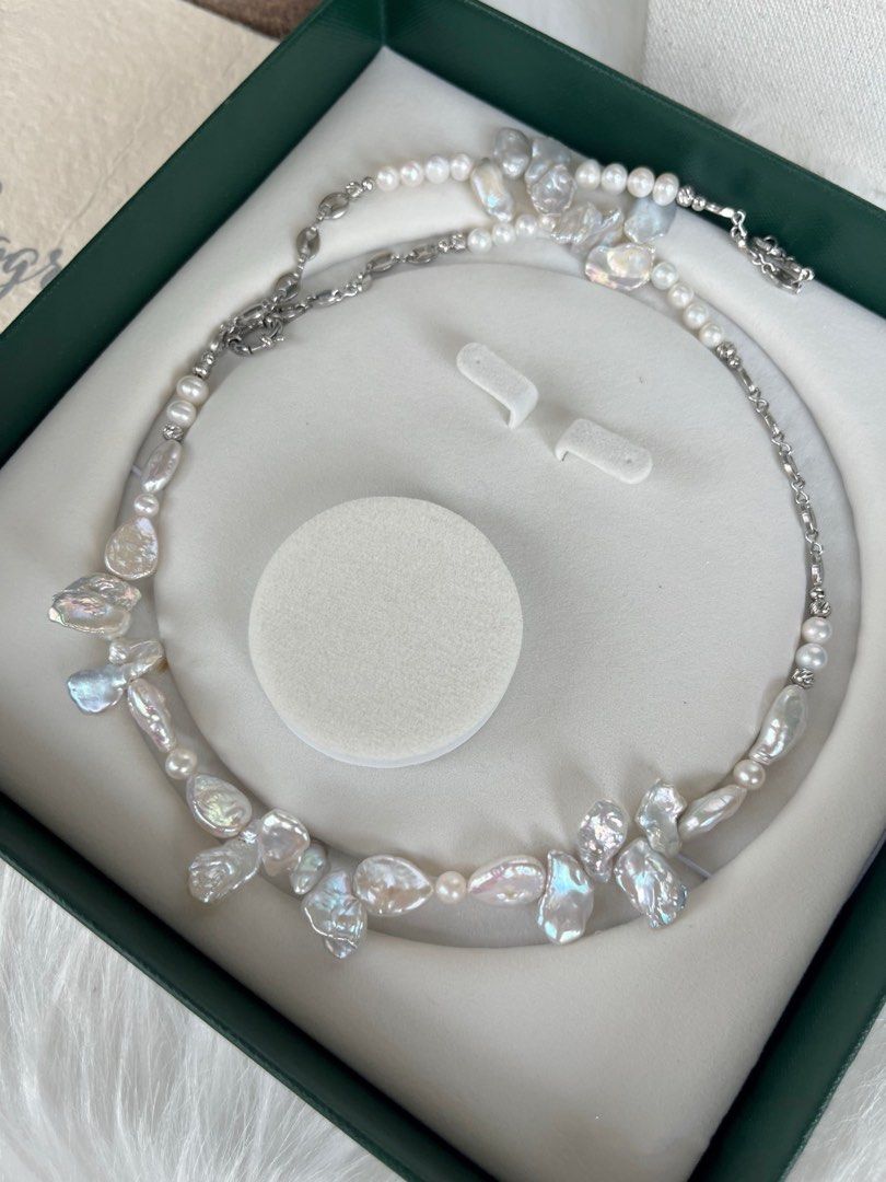 #PN448 Silver Petal|Freshwater Pearl Necklace |Long Chain|Water-drop Shaped Pearl |Silver Grey Lustre|Natural Flaws |63cm