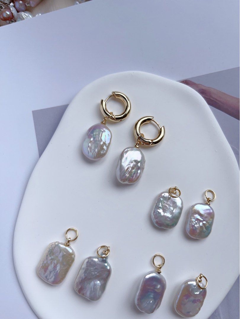 [Customisation][Free Combination][Earring Dangles] Freshwater Pearl Earring |White Square Shaped Baroque Pearl |Excellent Lustre|Selected Pearls