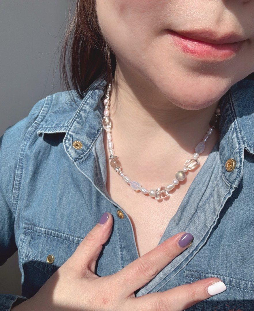 #PN496 Earthy Organic| Freshwater Pearl Necklace | Grey Elegance | Grey Moonstone | White Quartz