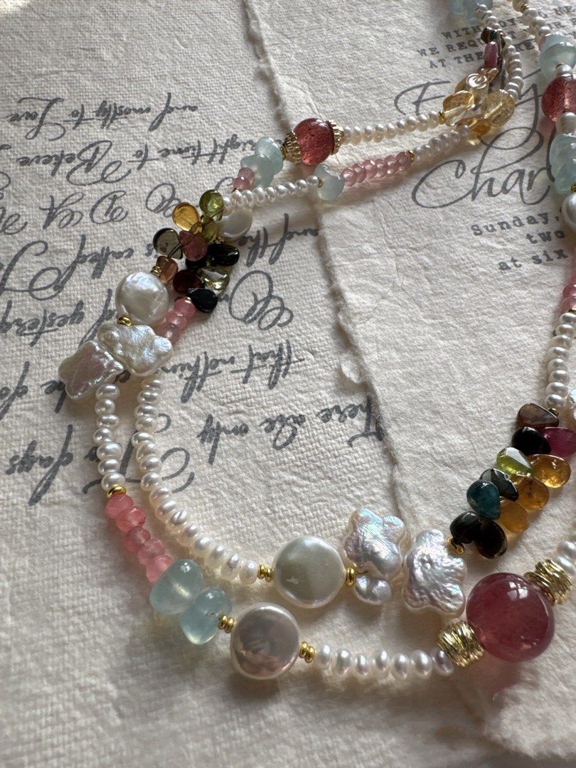 #PN485 Eclectic Mix|Freshwater Pearl Necklace |Double-layered|Tourmaline|Aquamarine|Strawberry Quartz |Coin Shaped Pearl