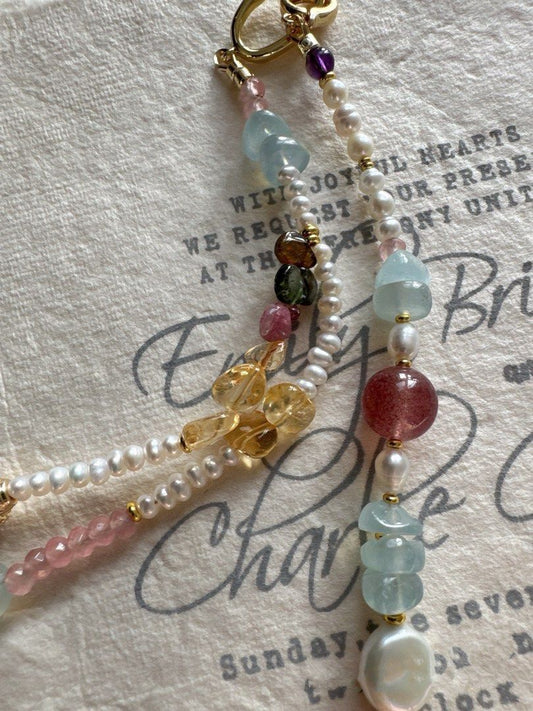 #PN485 Eclectic Mix|Freshwater Pearl Necklace |Double-layered|Tourmaline|Aquamarine|Strawberry Quartz |Coin Shaped Pearl