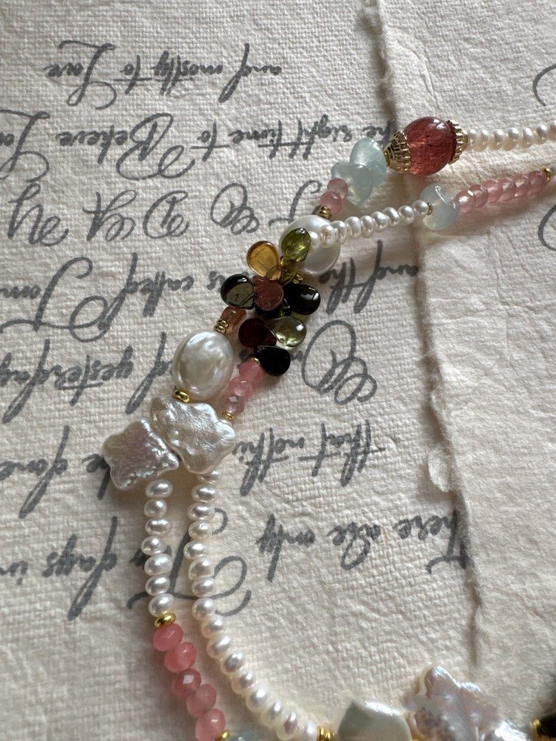 #PN485 Eclectic Mix|Freshwater Pearl Necklace |Double-layered|Tourmaline|Aquamarine|Strawberry Quartz |Coin Shaped Pearl
