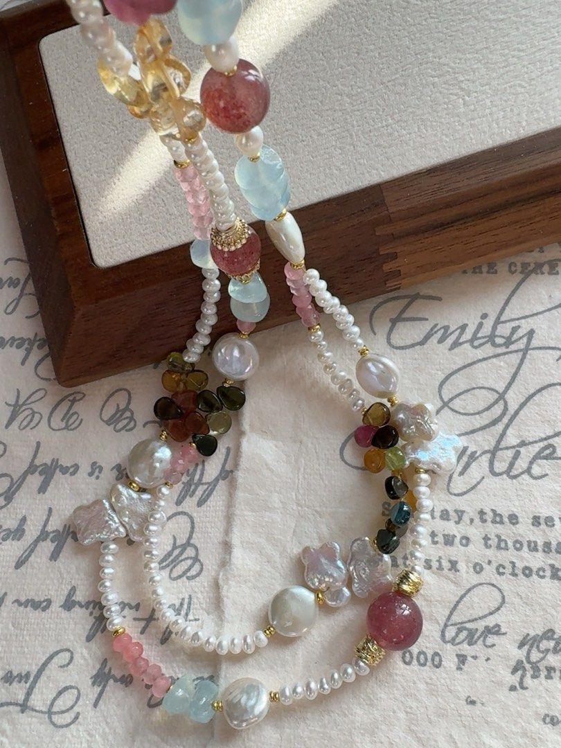 #PN485 Eclectic Mix|Freshwater Pearl Necklace |Double-layered|Tourmaline|Aquamarine|Strawberry Quartz |Coin Shaped Pearl