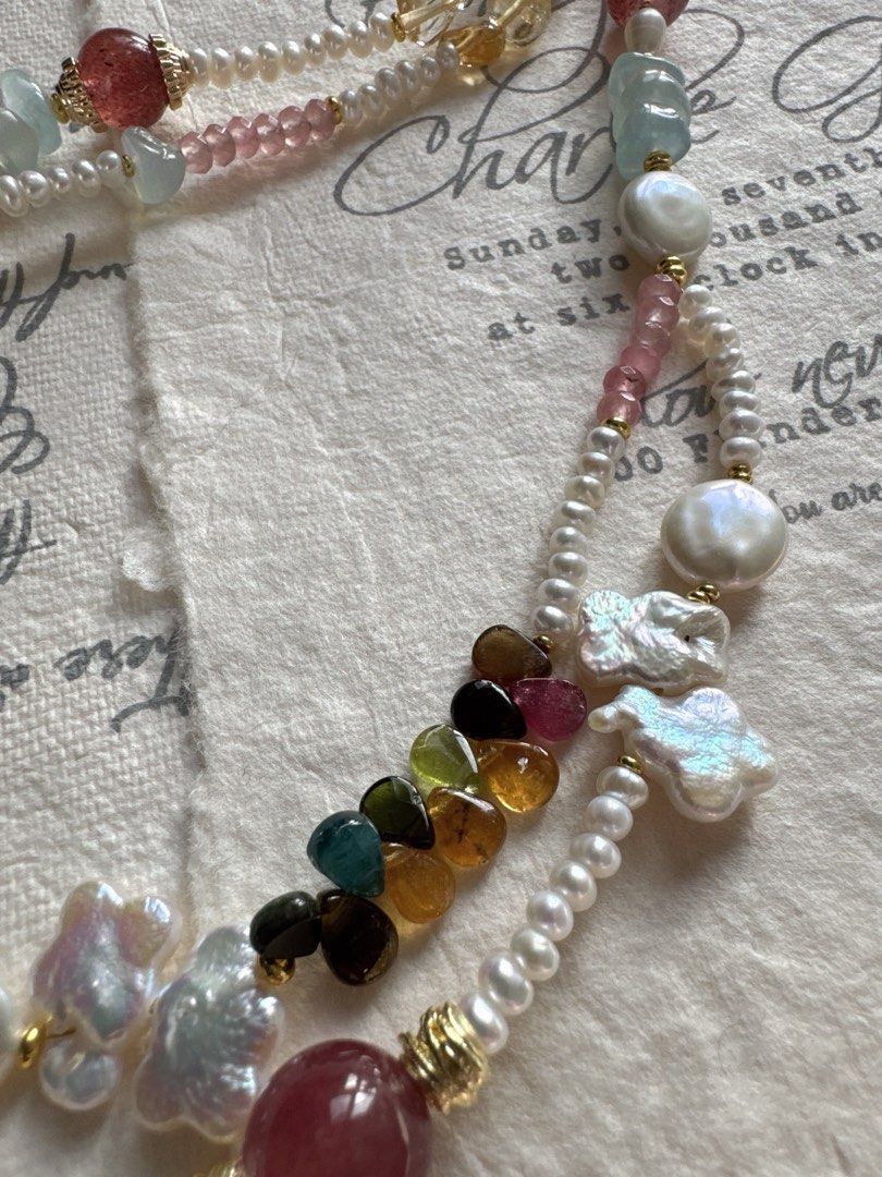#PN485 Eclectic Mix|Freshwater Pearl Necklace |Double-layered|Tourmaline|Aquamarine|Strawberry Quartz |Coin Shaped Pearl