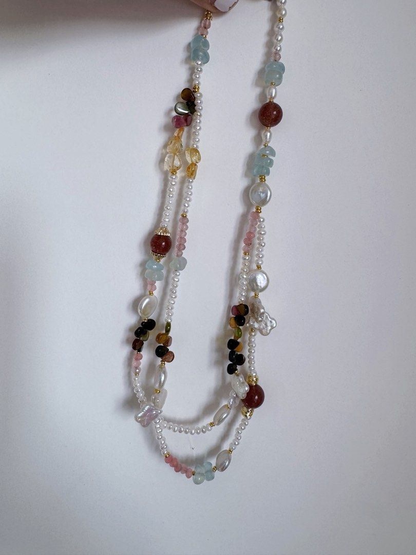 #PN485 Eclectic Mix|Freshwater Pearl Necklace |Double-layered|Tourmaline|Aquamarine|Strawberry Quartz |Coin Shaped Pearl