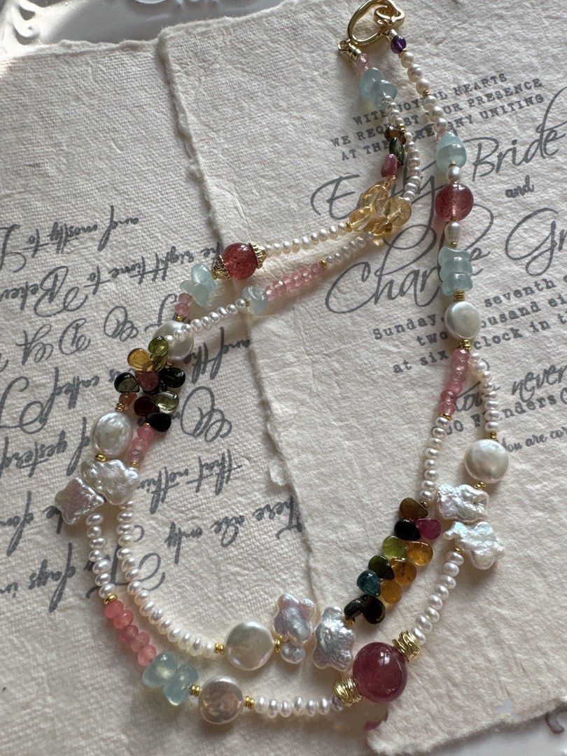 #PN485 Eclectic Mix|Freshwater Pearl Necklace |Double-layered|Tourmaline|Aquamarine|Strawberry Quartz |Coin Shaped Pearl