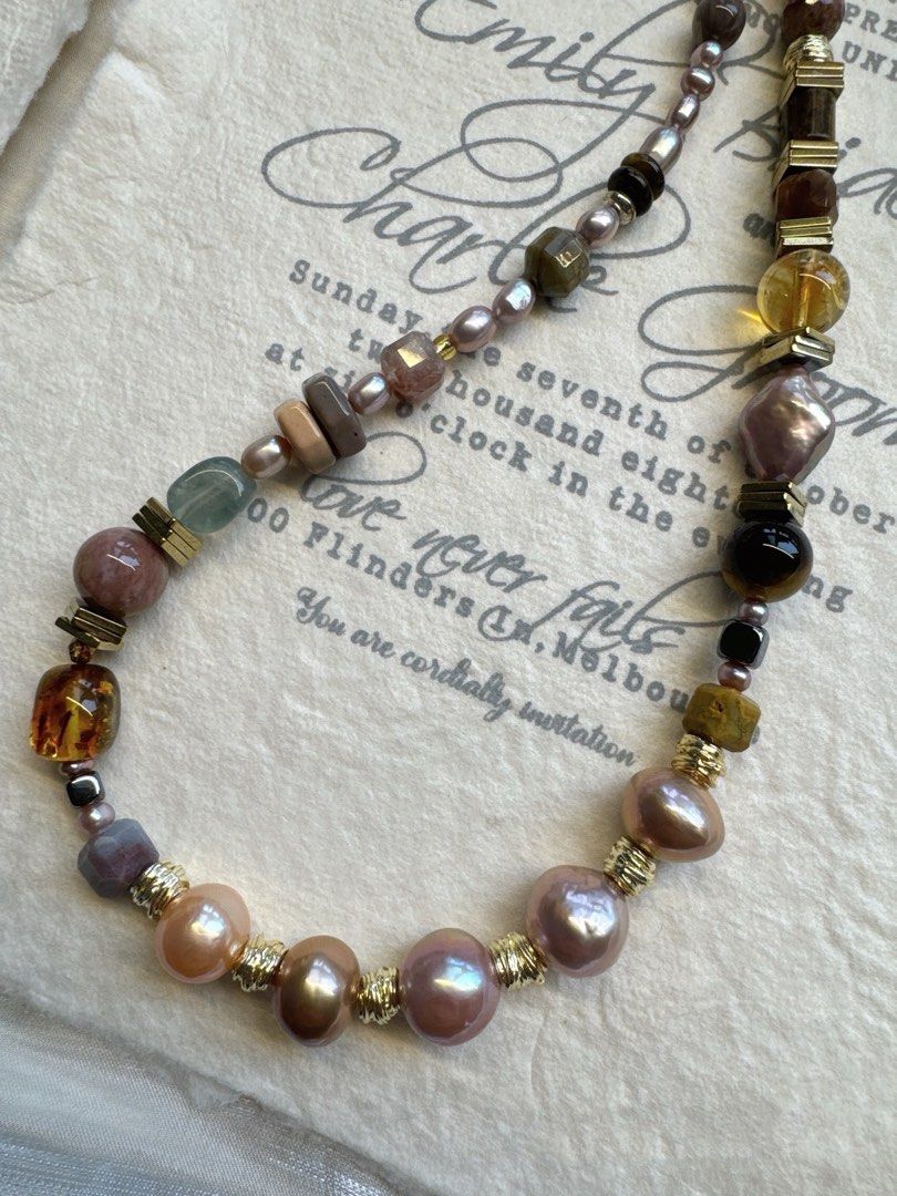 #PN492 Elegant Glamour | Freshwater Pearl Necklace | Beeswax | Purple Lustrous Baroque |Tiger Eye| Agate|Quartz