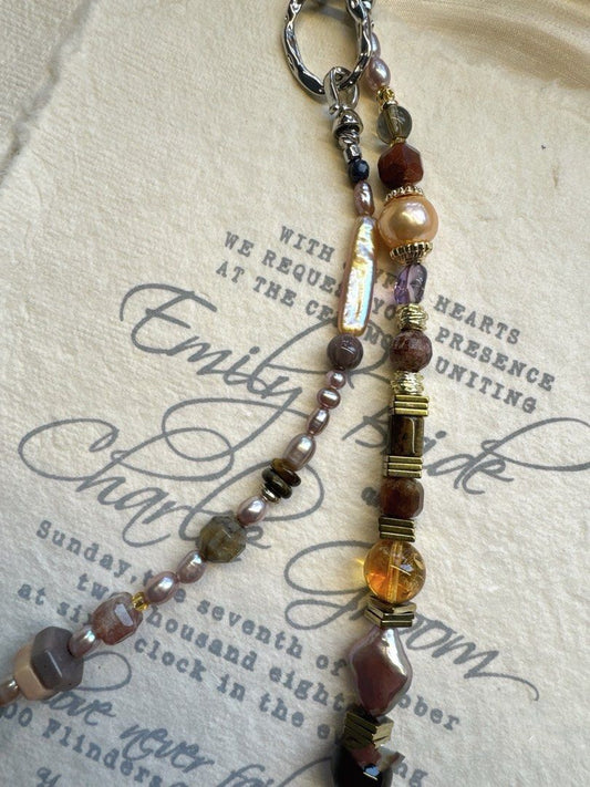 #PN492 Elegant Glamour | Freshwater Pearl Necklace | Beeswax | Purple Lustrous Baroque |Tiger Eye| Agate|Quartz