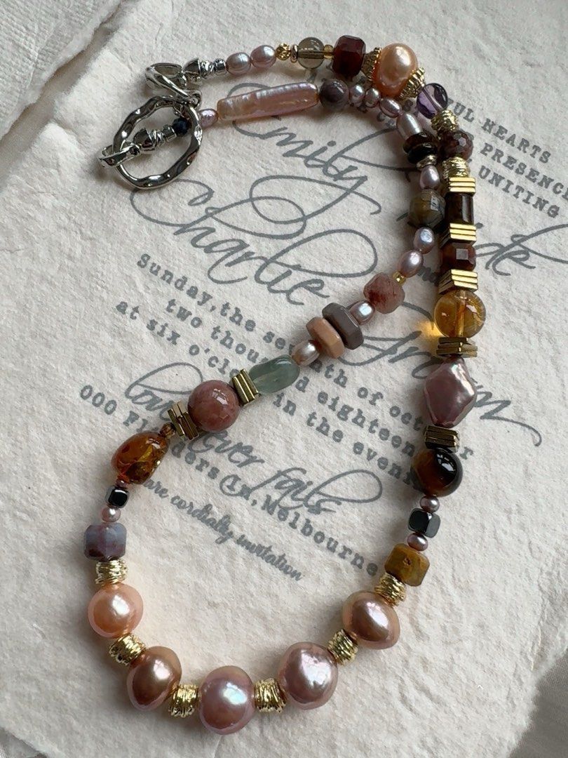 #PN492 Elegant Glamour | Freshwater Pearl Necklace | Beeswax | Purple Lustrous Baroque |Tiger Eye| Agate|Quartz
