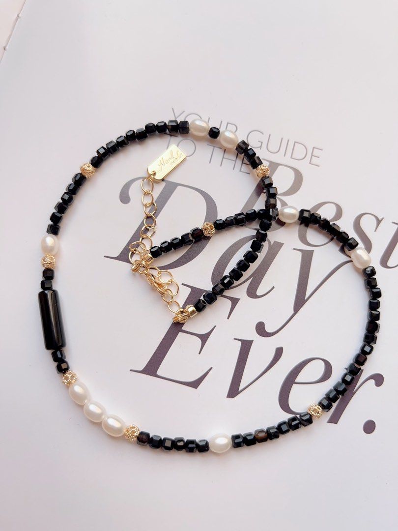 #PN508 [Sale] Elegant Simplicity| Freshwater Pearl & Black Spinel Necklace | Black Agate
