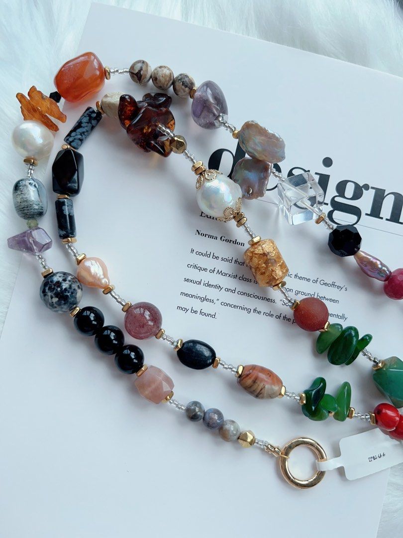 #PN541 Exotic World | Freshwater Pearl Necklace | Long 84cm| Big Baroque Pearl | Agate| Amethyst | Big Amber Chip| Green Aventurine Freeform | Tiger Eye| Rose Quartz