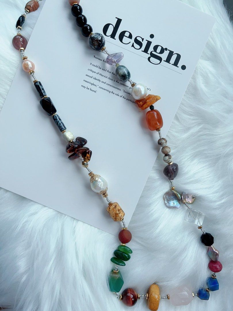 #PN541 Exotic World | Freshwater Pearl Necklace | Long 84cm| Big Baroque Pearl | Agate| Amethyst | Big Amber Chip| Green Aventurine Freeform | Tiger Eye| Rose Quartz