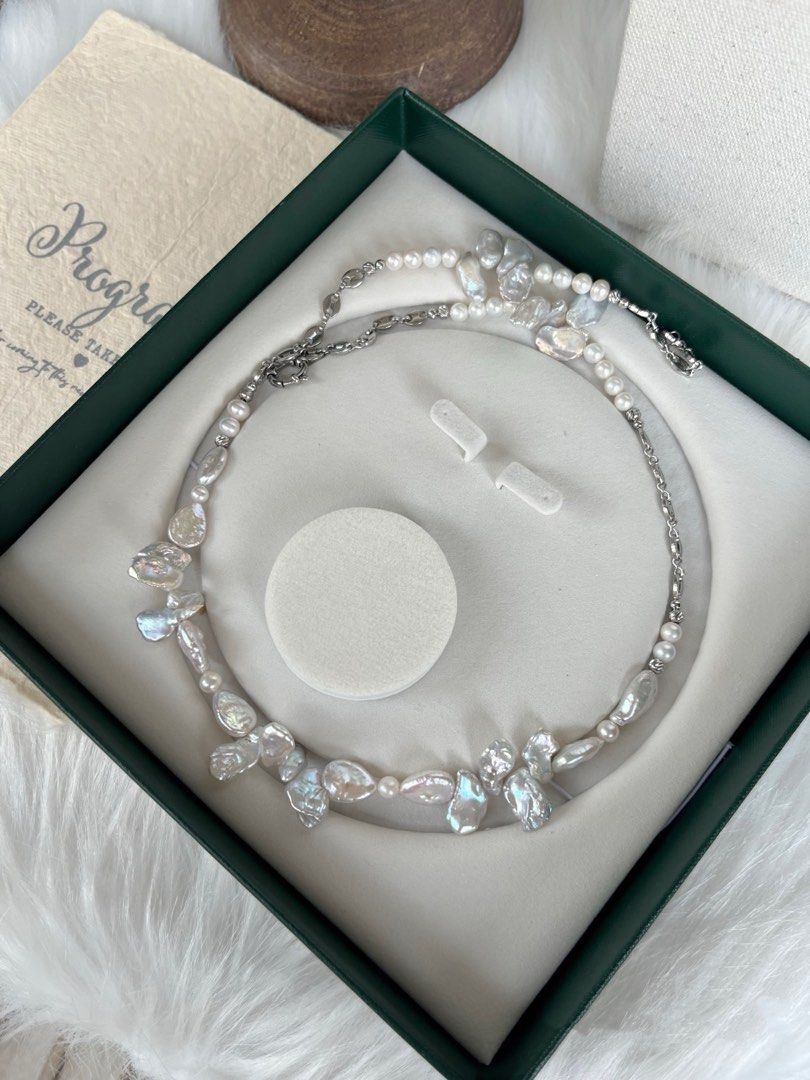 #PN448 Silver Petal|Freshwater Pearl Necklace |Long Chain|Water-drop Shaped Pearl |Silver Grey Lustre|Natural Flaws |63cm