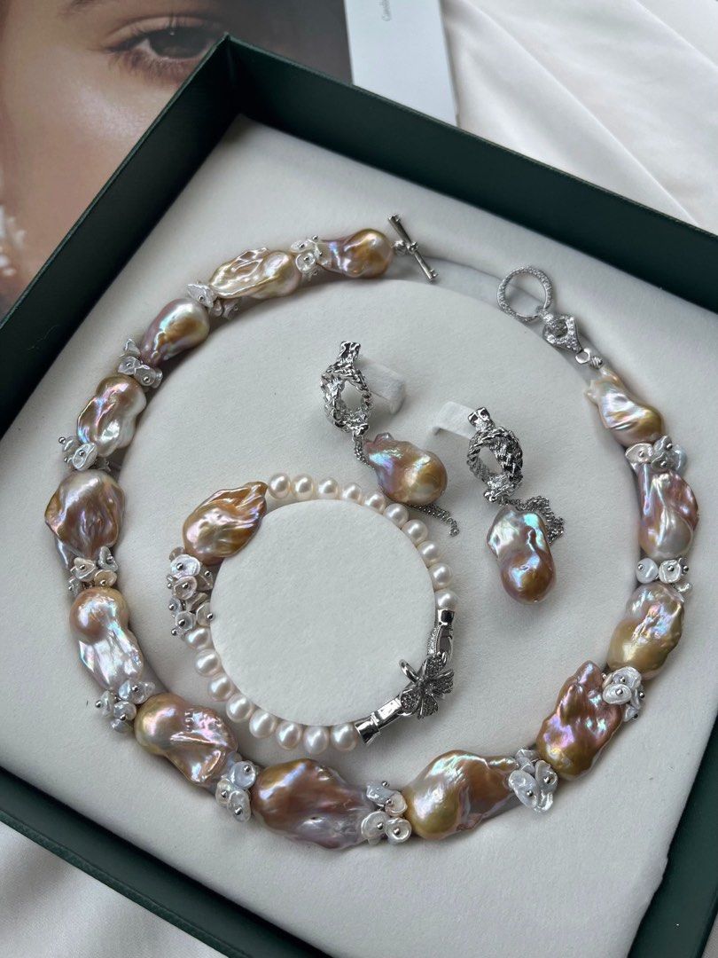 [Floral Series] Baroque Miracle |Freshwater Pearl Necklace & Bracelet & Earrings Set|Well Made|Petal Pearl |Golden Lustre |Big Baroque