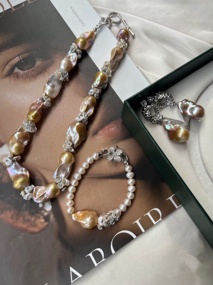 [Floral Series] Baroque Miracle |Freshwater Pearl Necklace & Bracelet & Earrings Set|Well Made|Petal Pearl |Golden Lustre |Big Baroque