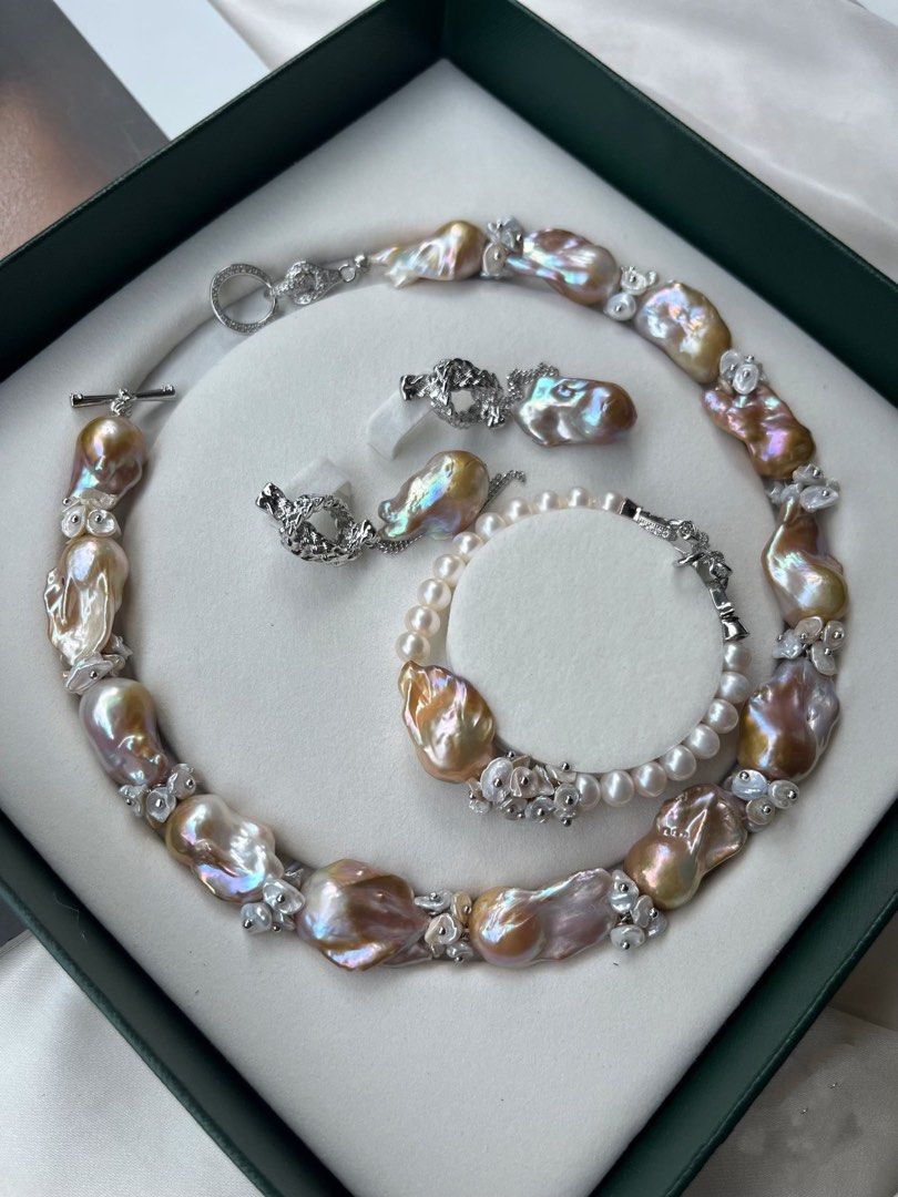 [Floral Series] Baroque Miracle |Freshwater Pearl Necklace & Bracelet & Earrings Set|Well Made|Petal Pearl |Golden Lustre |Big Baroque