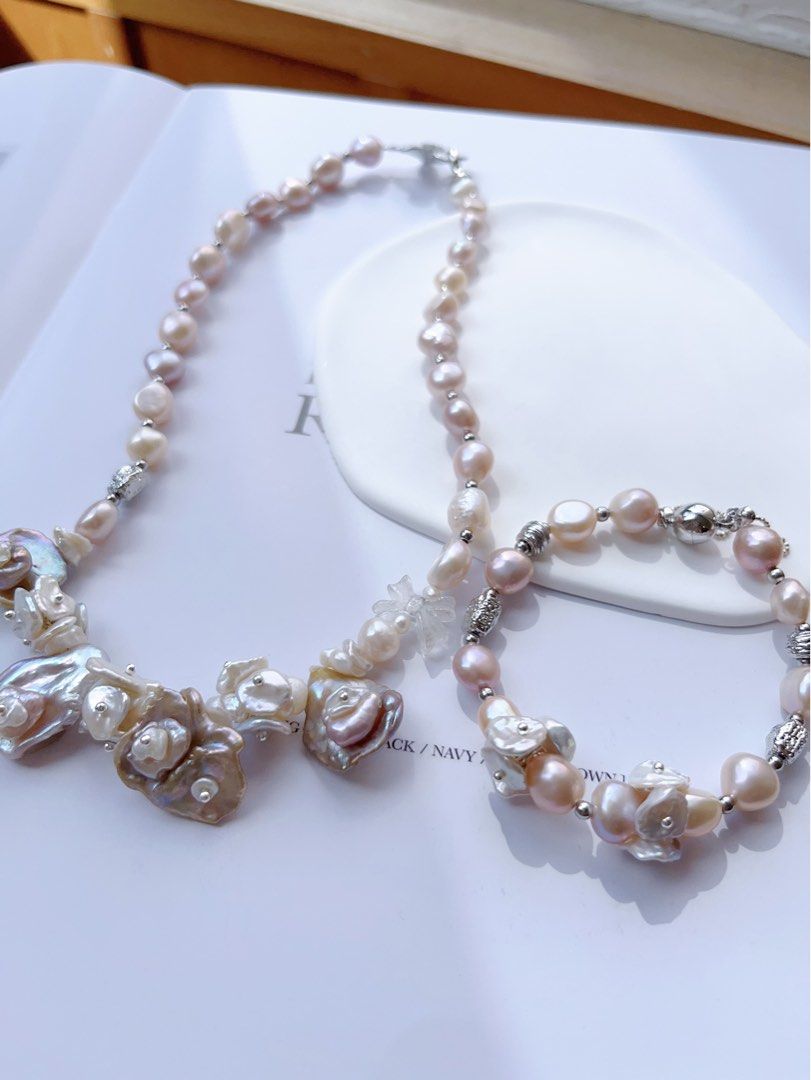 #PN556 [Floral Series] Blossom Garden | Freshwater Pearl Necklace & Bracelet Set |Baroque Pearl |Silver Style |White Quartz
