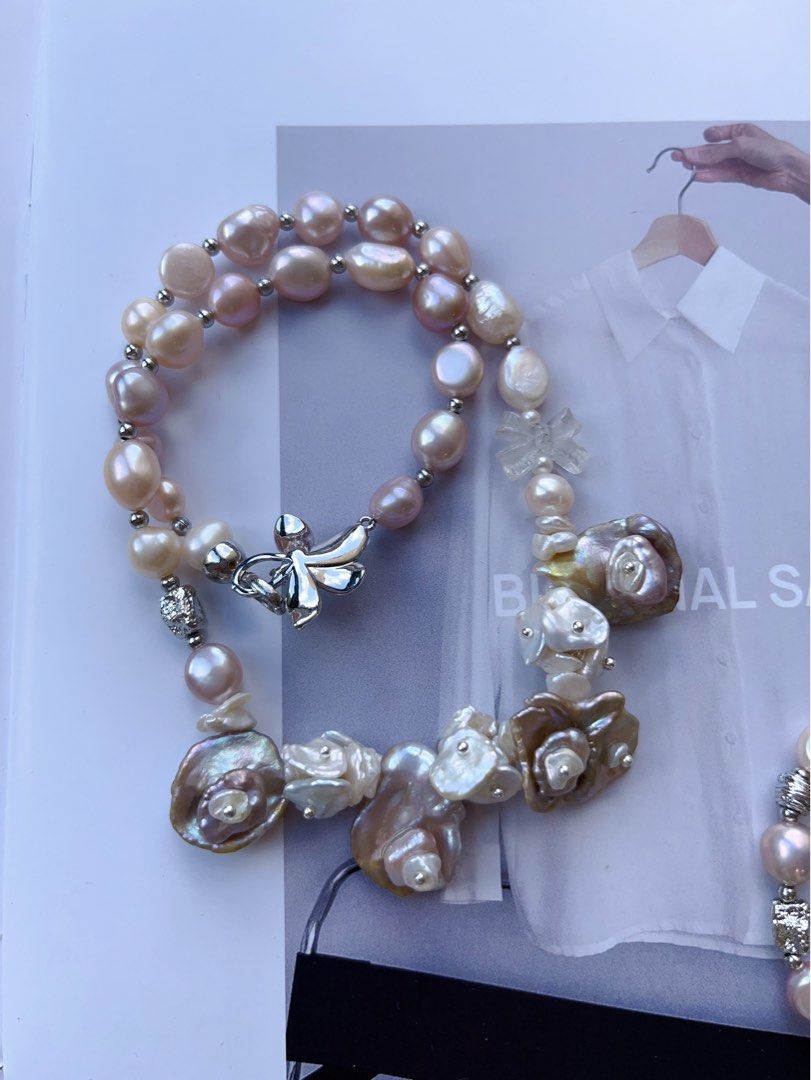 #PN556 [Floral Series] Blossom Garden | Freshwater Pearl Necklace & Bracelet Set |Baroque Pearl |Silver Style |White Quartz