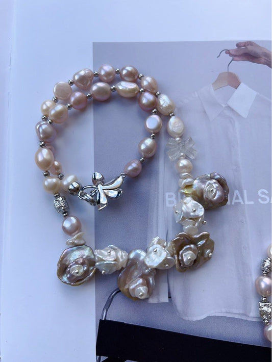 #PN556 [Floral Series] Blossom Garden | Freshwater Pearl Necklace & Bracelet Set |Baroque Pearl |Silver Style |White Quartz