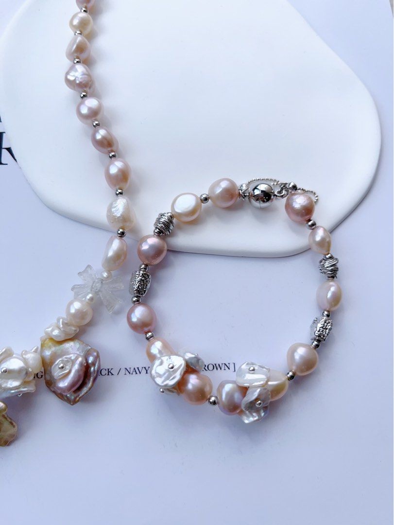 #PN556 [Floral Series] Blossom Garden | Freshwater Pearl Necklace & Bracelet Set |Baroque Pearl |Silver Style |White Quartz