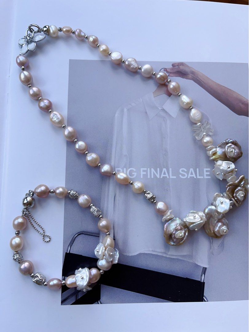 #PN556 [Floral Series] Blossom Garden | Freshwater Pearl Necklace & Bracelet Set |Baroque Pearl |Silver Style |White Quartz