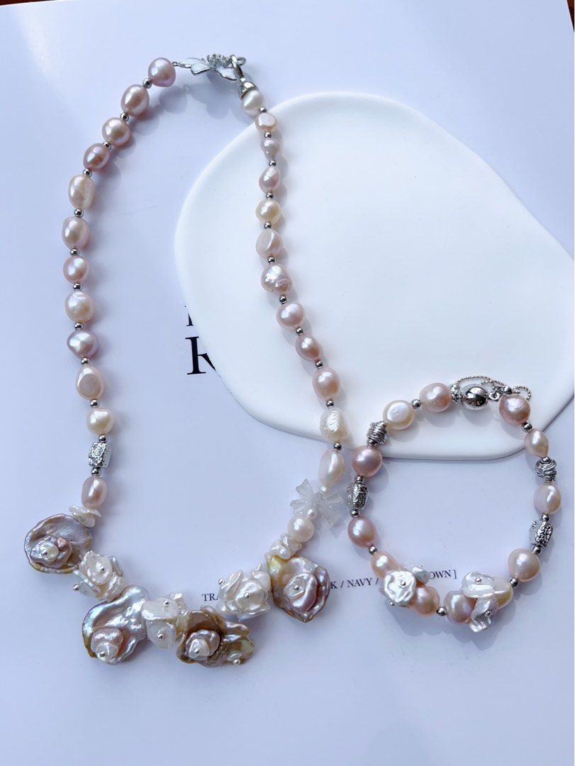 #PN556 [Floral Series] Blossom Garden | Freshwater Pearl Necklace & Bracelet Set |Baroque Pearl |Silver Style |White Quartz