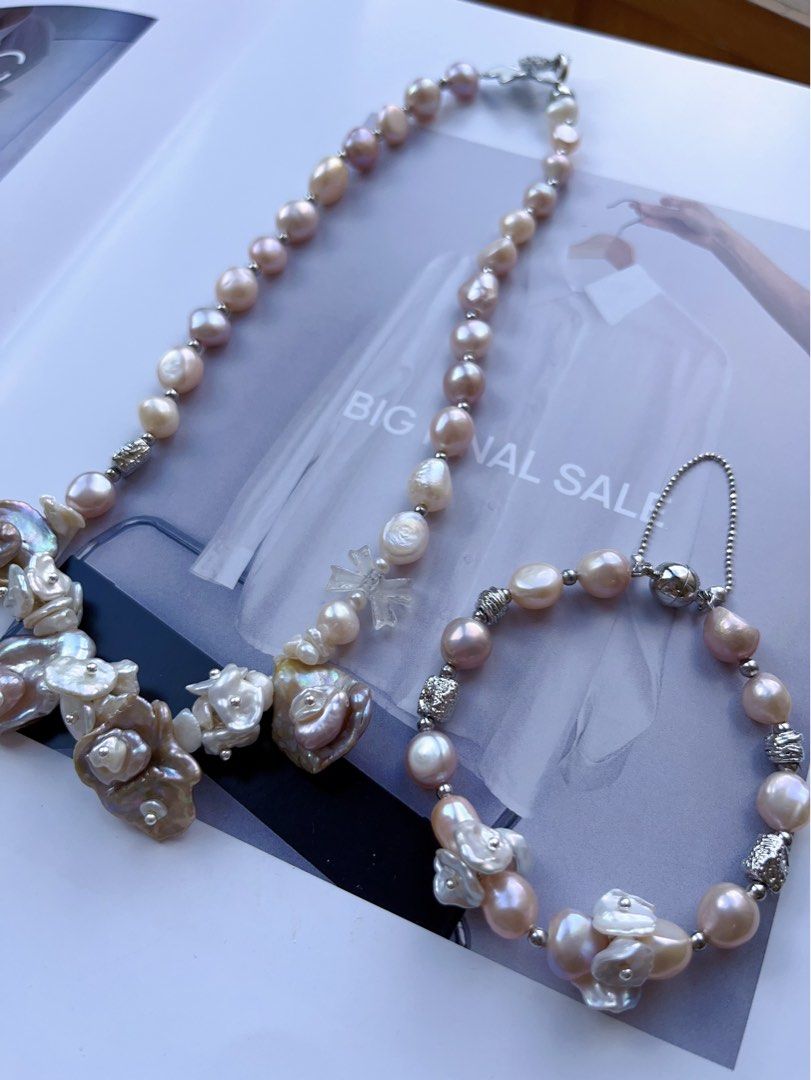 #PN556 [Floral Series] Blossom Garden | Freshwater Pearl Necklace & Bracelet Set |Baroque Pearl |Silver Style |White Quartz